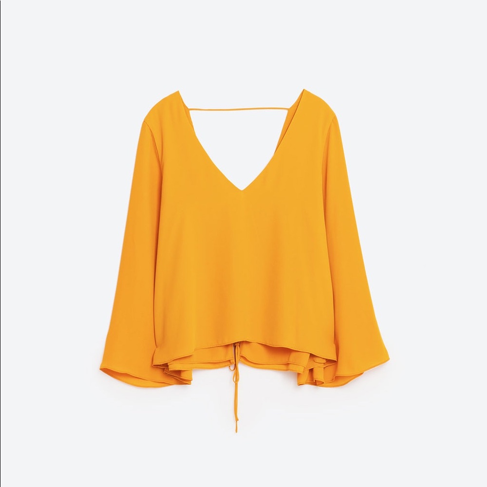 ✅FREE✅ NWT Zara Trafaluc mustard bell sleeve flowy ruffle lace up top XS